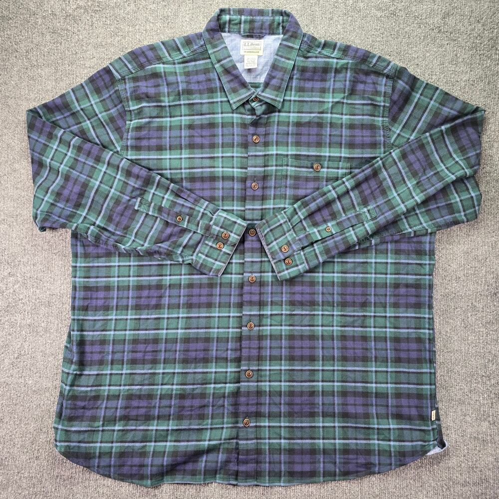 LL Bean Shirt Mens XXL Tall Green Plaid Flannel Long Sleeve Stretch Traditional